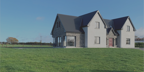 image of a white modern detached home, green grass, blue sky 